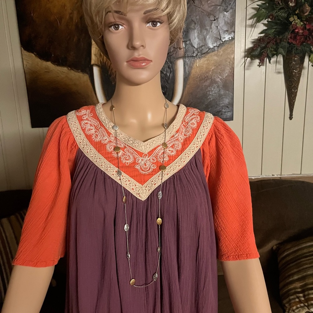 Go Softly Patio • Vintage • Boho • Orange/ Beige/Purple • Small •  Nightgown - Picture 8 of 16